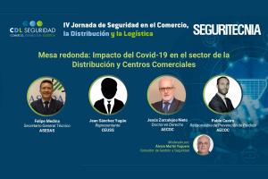 IV Jornada de Seguridad en el Comercio, la Distribución y la Logística. Felipe Medina, secretario general técnico de ASEDAS; Jean Sánchez Yagüe, representante de CEUSS; Jesús Zarzalejo Nieto, abogado, doctor en Derecho AECOC; y Pablo Castro, responsable de Prevención de Pérdida en AECOC; con Álvaro Martín Yuguero, consultor de gestión y seguridad, asesor de desarrollo corporativo Vasbe. 