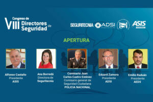 Comisario general de Seguridad Ciudadana, Juan Carlos Castro, Ana Borredá, directora de Seguritecnia; Emilio Raduán, presidente AEDS; Eduard Zamora, presidente de ADSI; y Alfonso Castaño, presidente del Capítulo Español de ASIS International.