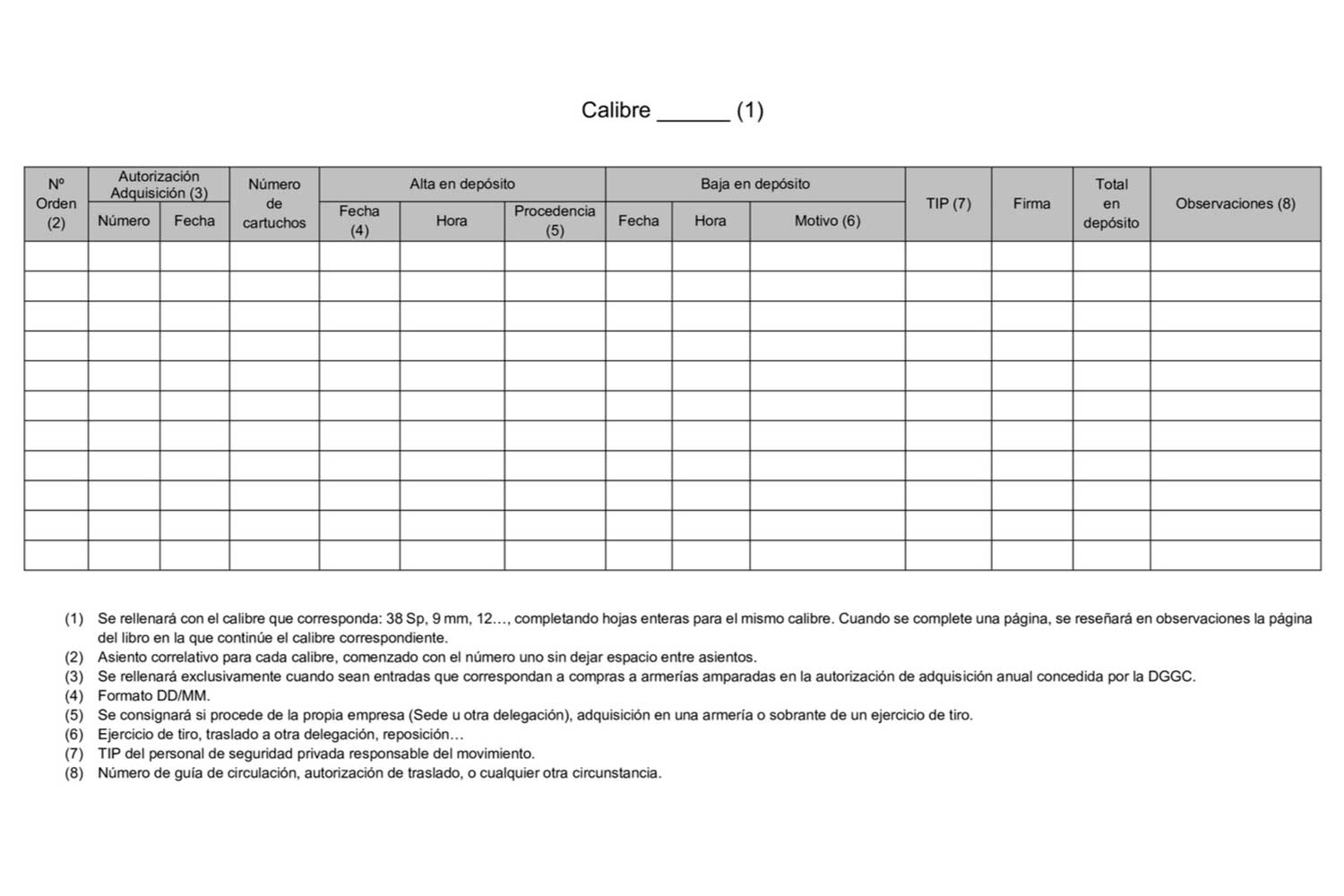 Libro registro de entrada y salida de munición destinada a ejercicios de tiro de seguridad privada.